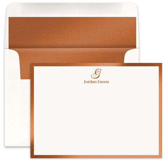 Your Initial and Text Metallic Bordered Flat Note Cards - Raised Ink